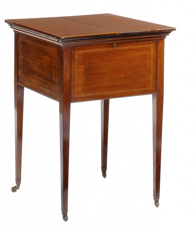 AN EDWARD VII MAHOGANY METAMORPHIC DRINKS TABLE  crossbanded in satinwood and line inlaid, the