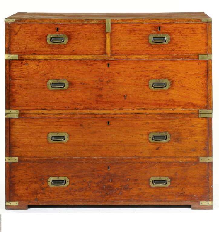 A VICTORIAN TEAK MILITARY  CHEST  with brass mounts, the five drawers with flush handles, 92cm h; 45