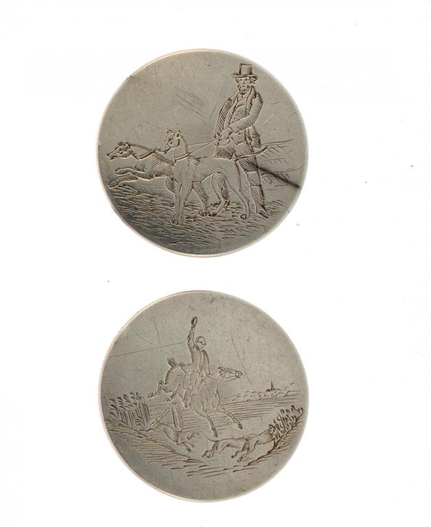 A PAIR OF VICTORIAN SILVER HUNTSMAN`S BUTTONS engraved with hunting scenes, 2.5cm diam, maker`s mark