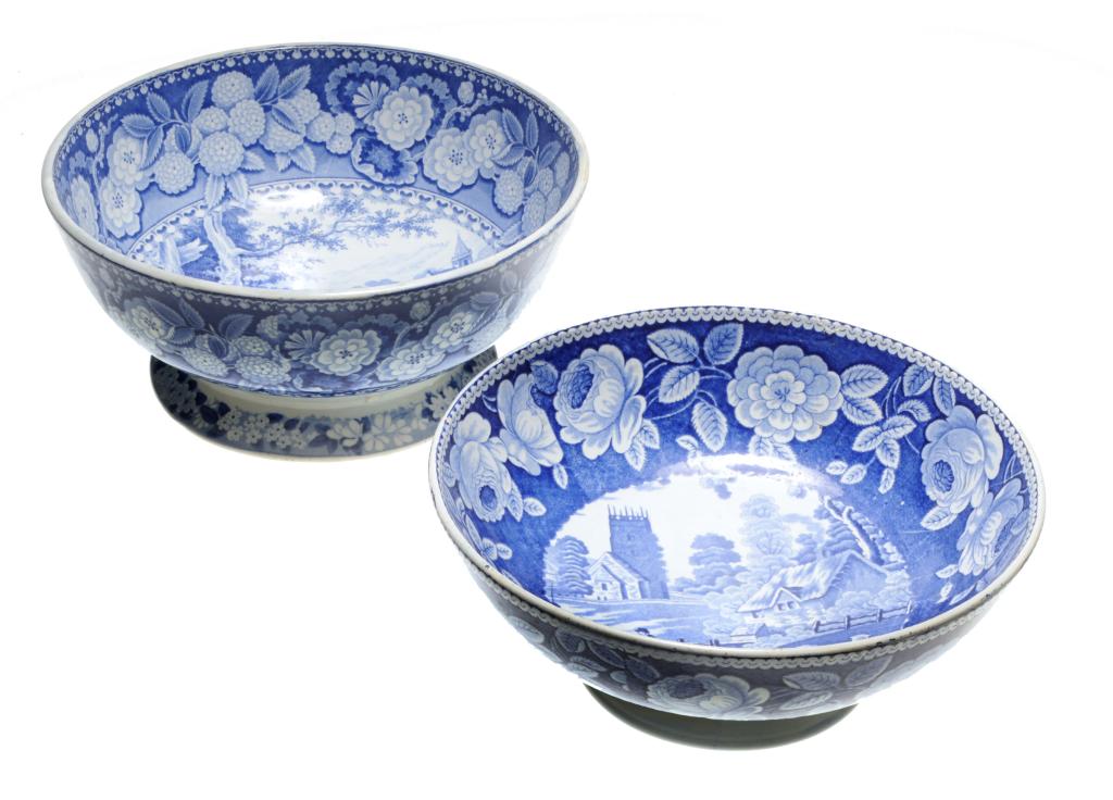 A DON POTTERY BLUE PRINTED PEARLWARE MILKMAID PATTERN BOWL  26cm diam and a blue printed earthenware