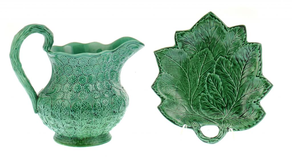 A BRAMELD GREEN GLAZED EARTHENWARE LEAF SHAPED DESSERT DISH AND DAISY MOULDED JUG  jug 22cm h,