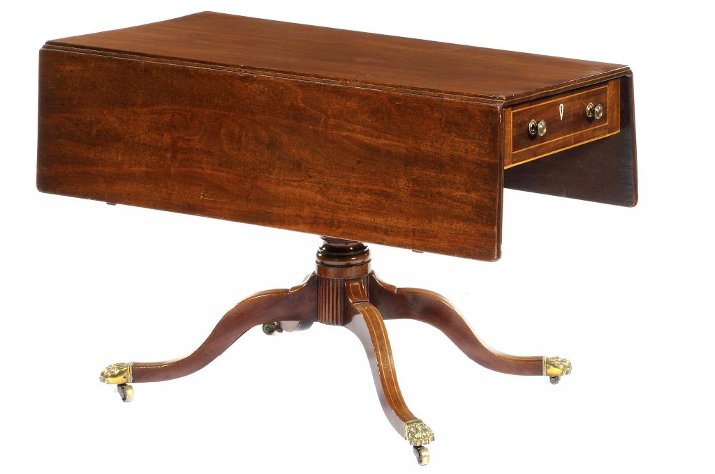 A VICTORIAN MAHOGANY DROP LEAF TABLE  fitted with a drawer and opposing blind drawer, on ring turned