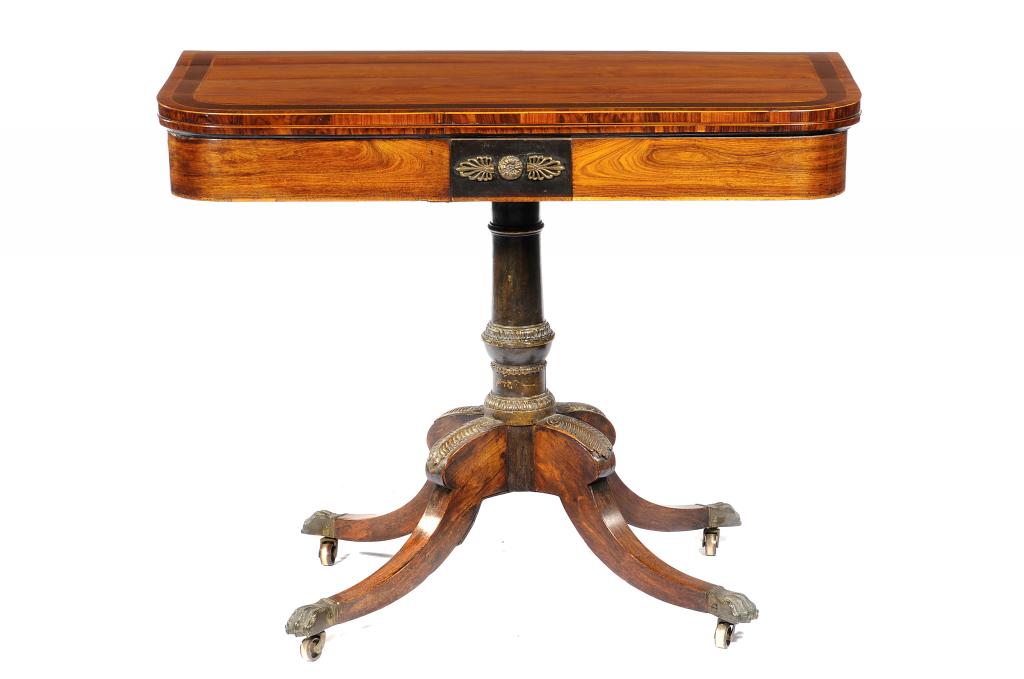 A REGENCY KINGWOOD AND CALAMANDER CARD TABLE with gilt brass mounts, crossbanded and line inlaid,