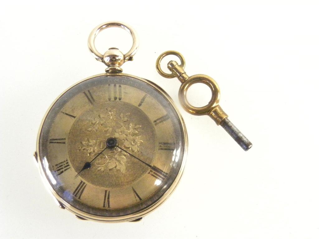 A SWISS GOLD FOB WATCH WITH ENGRAVED AND ENGINE TURNED DIAL MARKED 14K C1900