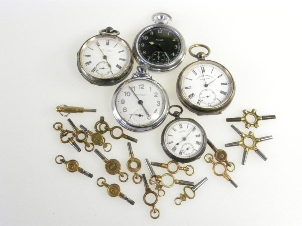 A SILVER LEVER WATCH WITH ENAMEL DIAL, BIRMINGHAM 1899, A SILVER FOB WATCH, THREE OTHER WATCHES