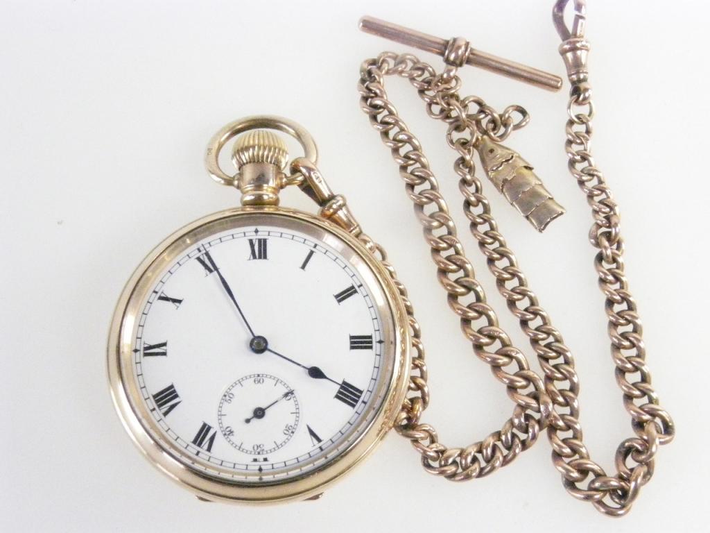 A GOLD ALBERT MARKED 9CT, 15G AND A GOLD PLATED KEYLESS LEVER WATCH WITH ENAMEL DIAL, BOTH EARLY