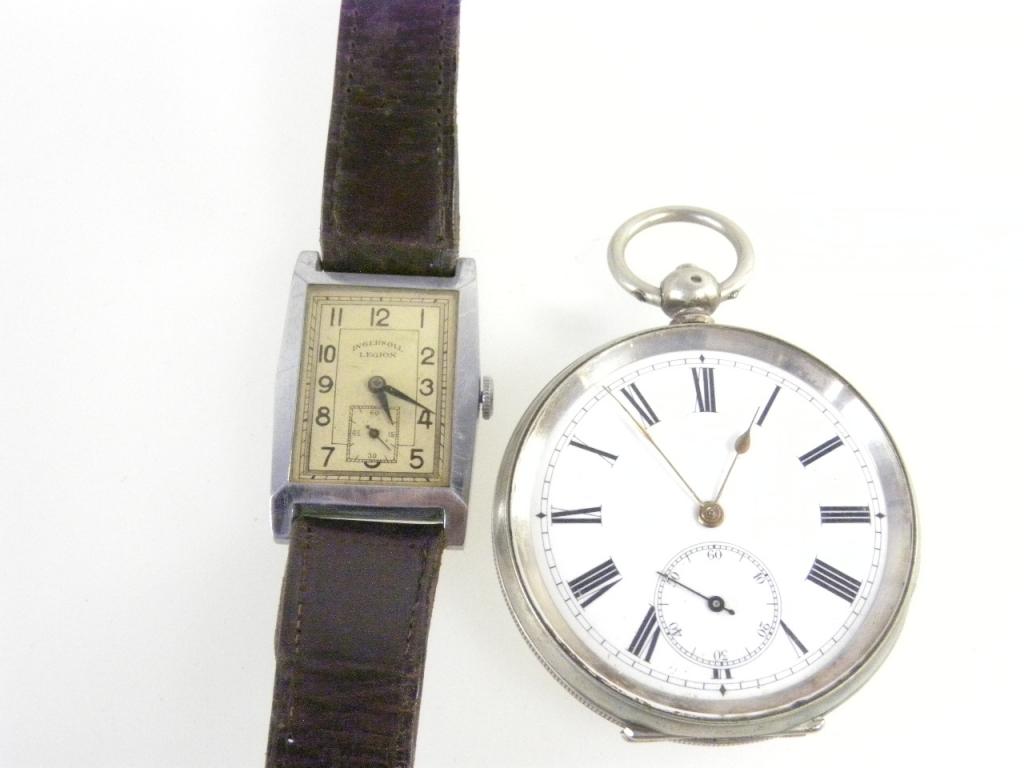 A SWISS SILVER LEVER WATCH C1900 AND AN INGERSOL STAINLESS STEEL TONNEAU SHAPED GENTLEMANS