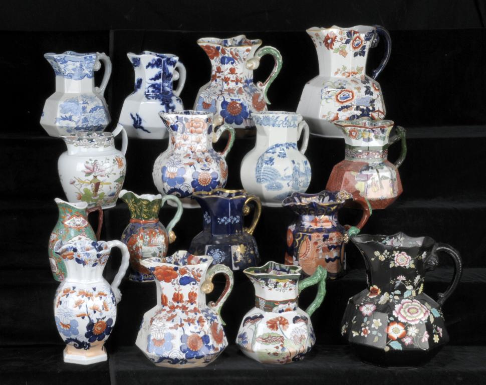 EIGHT MASON`S IRONSTONE OCTAGONAL AND OTHER JUGS AND EIGHT G L ASHWORTH & BROTHERS AND OTHER SIMILAR