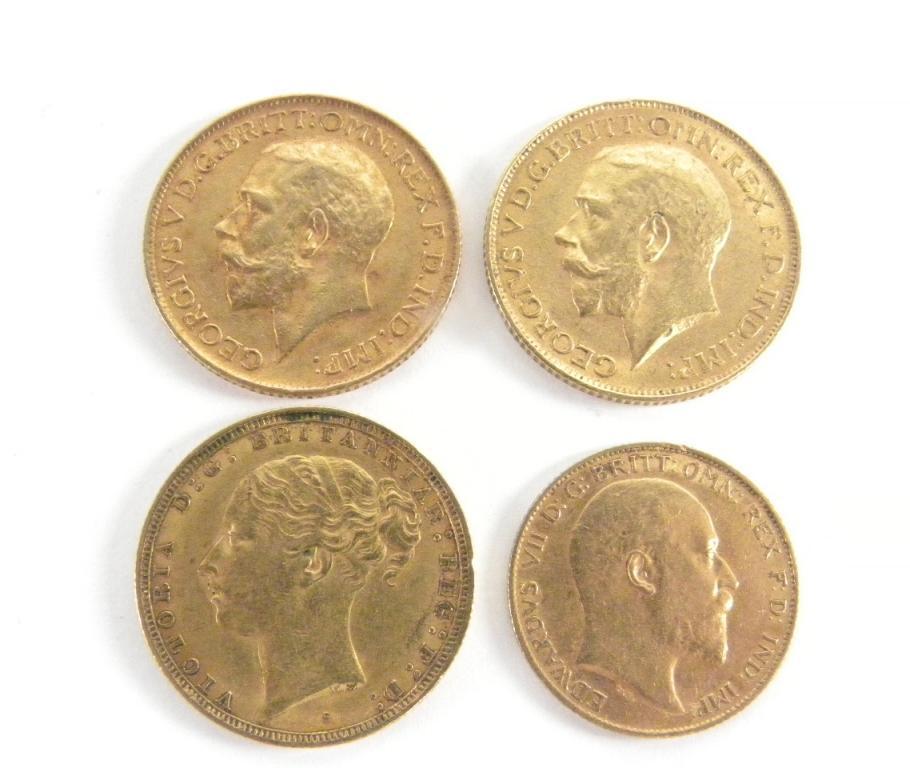 GOLD COINS. SOVEREIGN 1883, 1911 AND 1913, HALF SOVEREIGN 1910 (4)