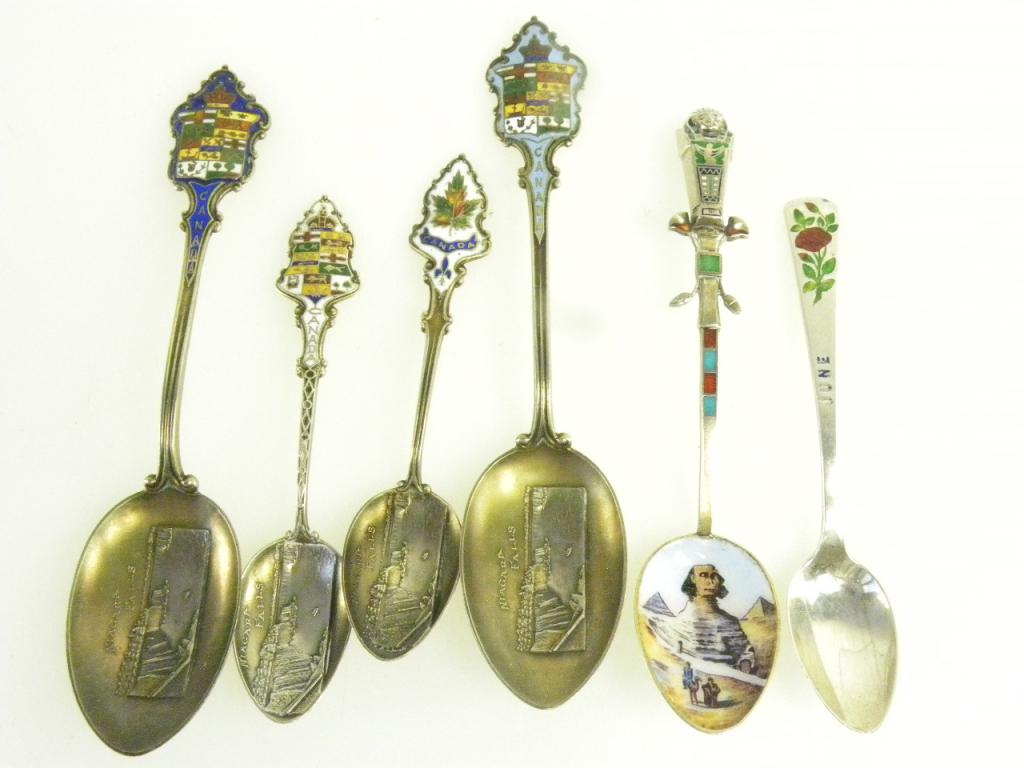 SIX VARIOUS ENGLISH AND CONTINENTAL SILVER/SILVER GILT AND PAINTED ENAMEL SOUVENIR SPOONS, ALL EARLY