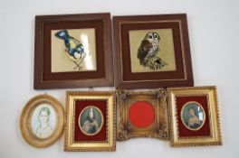 A group of oval portraits in gilt frames with two hand painted tiles