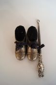 A button hook, and two metal shoe pin cushions