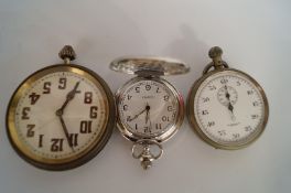 A dashboard clock, a stopwatch and a hunter cased pocket watch