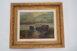 A framed oil painting of cows