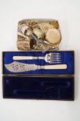 A silver napkin ring with one other; a small pair of Victorian silver sugar tongs, a button hook,
