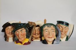 Five Royal Doulton character jugs: The Pied Piper, Athos, Porthos, THe Fortune Teller and The