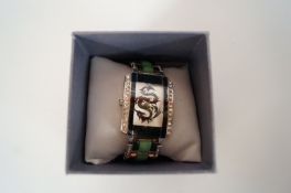 A Genon Dragon bracelet watch with paste set case and bracelet with enhanced jade, boxed