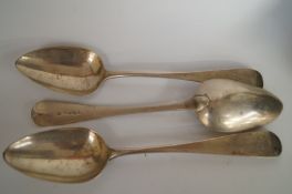 Three Georgian Exeter silver Old English pattern tablespoons, 1820-21, different makers, including
