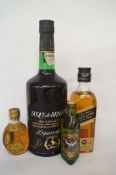 A bottle of Portuguese port, Johnnie Walker black label 20cl, Glenfiddich whisky 5cl, John Haig