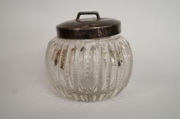 A glass preserve pot with a silver pull off cover, Sheffield 1899; approximately 34 grams gross