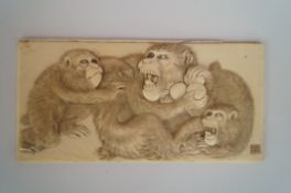 A late 19th century ivory carved panel of monkeys.
