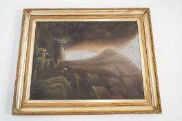 A 19th century oil on canvas of a cliff scene
