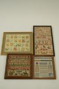 Three various samplers, along with a framed silk