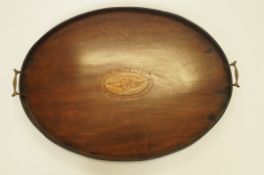 19th century oval inlaid serving tray with shell central motif