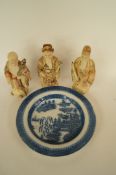 Three Chinese immortals 6" high, along with a Chinese blue and white plate