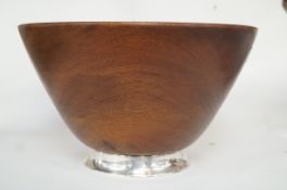 A wooden bowl with a silver rim foot, Asprey import mark 1977, 15.5cm tall, 26.5cm diameter