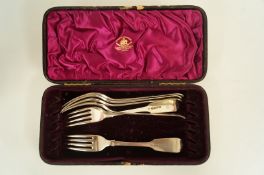 A set of six Victorian silver fiddle pattern dessert forks, by John James Whiting, London 1840,