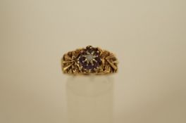 An amethyst and cultured pearl (worn) 9ct gold dress ring, finger size Q, 4.7g gross
