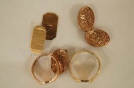 A gentleman's 9ct gold signet ring; another similar; a single 9ct gold cufflink; and another