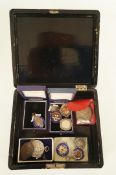 A collection of seven silver watch fob medals, approximately 64 grams; with metal examples; also a