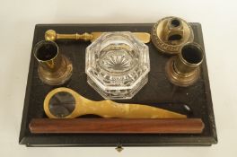 Brass and glass early 20th century desk set and two other items