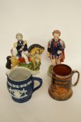 Two ceramic figures of Shakespeare and Sir Campbell, A Ross of Belfast ginger ale jasperware jug and