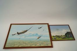 An oil on canvas of various war planes by Greame Lothian; the reverse signed by Johnnie Johnson