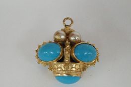 An 18ct gold turquoise and pearl orb pendant