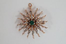 A 9ct emerald and pearl brooch