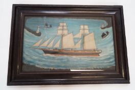 An oil on board of sailing ships in the style of Alfred Wallis
