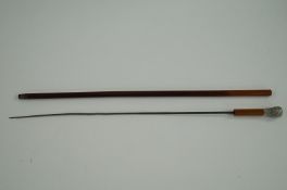 A Malaca swordstick with silver knop, marks rubbed