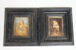 A pair of over painted photographs in heavy frames