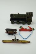 4 tin toys: 1 clockwork train, tin ship, clockwork tram, pecking chickens