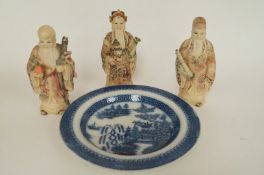Three Chinese mortal's 6" high, along with a Chinese blue and white plate