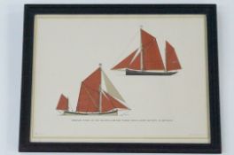 A watercolour of Thames barges and a print of a fishing smack and a Thames bridge