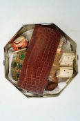 A box of mixed jewellery in bone, jade, Fortnum and Mason cigar case and other items