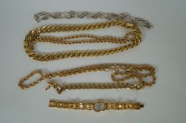 A collection of gold plated bracelets, some clasps marked 9ct gold
