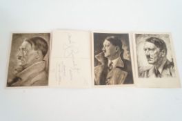 Four various propoganda  Hitler postcards, each with an unknown identity signature to the reverse