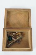 A 9ct gold and opal pendant, a silver bar brooch and other similar items in a wooden trinket box