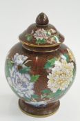 A large oriental cloisonne bulbous vase, brown with coloured flowers and butterfly